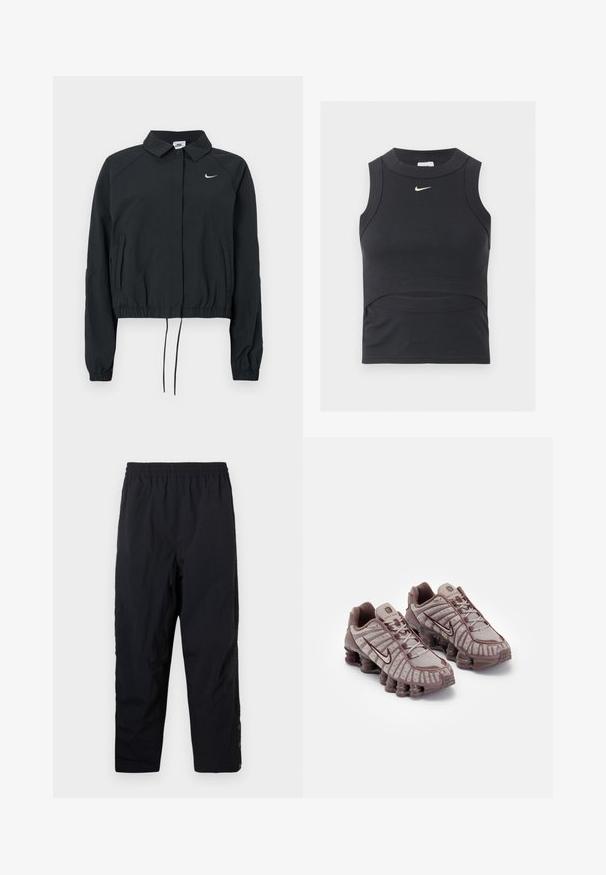 Sort Nike cropped jakke med krave, elastiske ærmekanter og snørre i kanten; logo på brystet; glat stoftekstur.; Sort ærmeløs cropped sportstop med ribbet tekstur og hvid Nike swoosh-logo på brystet.; Sort elastiske casual bukser med lige ben og trykknapper ved anklerne på hvid baggrund.; Nike Sportswear SHOX TL - Sneakers - pumice/night maroon/plum eclipse
