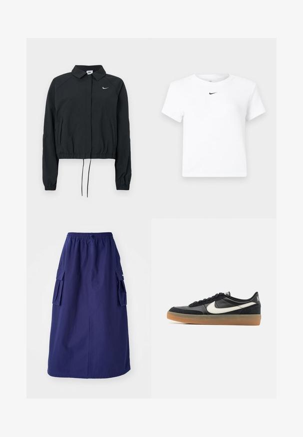 Schwarze Nike-Bauchtop mit Kragen, elastischen Bündchen und Kordelzug am Saum; mit Logo auf der Brust; glatte Stoffstruktur.; Weißes, kurzärmeliges Nike-Bauchfreies T-Shirt mit einem kleinen schwarzen Nike-Swoosh-Logo, das unterhalb des Halsausschnitts zentriert ist.; Marineblaue, knielange Rock mit elastischem Bund, der über zwei seitliche Cargotaschen und ein minimales Logodesign verfügt. Glatte Stoffoberfläche.; Schwarzer Sportschuh mit einem strukturierten Lederoberteil, weißem Swoosh-Logo und einer Gummisohle. Schnürdesign mit Polsterung am Kragen.
