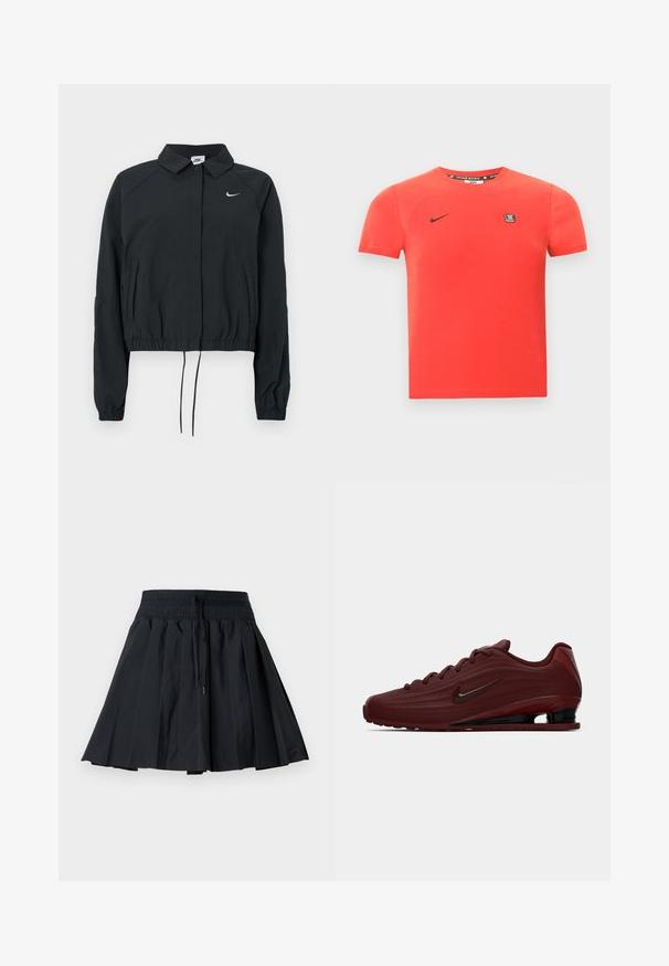 Sort Nike cropped jakke med krave, elastiske ærmekanter og snørre i kanten; logo på brystet; glat stoftekstur.; Rød bomulds T-shirt med korte ærmer, med et sort Nike-logo og et lille mærke på brystet. Enkel rund halsudskæring.; Sort plisseret nederdel med elastisk taljebånd og snor, knælængde, vist på en ensartet lysegrå baggrund.; Bordeaux Nike sneakers med sorte sål accenter, snørebånd og swoosh logo, vist i profil på hvid baggrund.