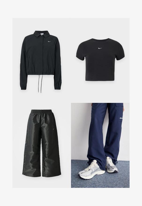 Sort Nike cropped jakke med krave, elastiske ærmekanter og snørre i kanten; logo på brystet; glat stoftekstur.; Sort cropped t-shirt lavet af bomuld, med rund halsudskæring og korte ærmer. Bemærkelsesværdigt hvidt Nike-logo på brystet.; Sorte sportsbukser i et blankt, glat stof med en elastisk talje, brede ben og et lille logo på venstre side.; Nike sportssko med en sølvfarvet mesh-overdel, hvide detaljer og strukturerede såler, parret med løstsiddende navy bukser.