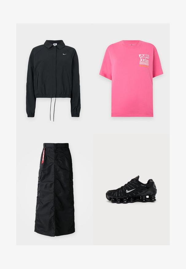 Sort Nike cropped jakke med krave, elastiske ærmekanter og snørre i kanten; logo på brystet; glat stoftekstur.; Lyserød T-shirt med korte ærmer, med hvid og gul "Air Jordan World Tour"-logo og seks gule stjerner på øverste venstre bryst.; Sort lang nederdel med frontknap og lynlås, sidelommer, og et rødt "Remove Before Flight" stofmærke på taljen.; Sort Nike sportssko med sølv Swoosh-logo, mesh og syntetisk overdel, og en karakteristisk segmenteret polstret sål.