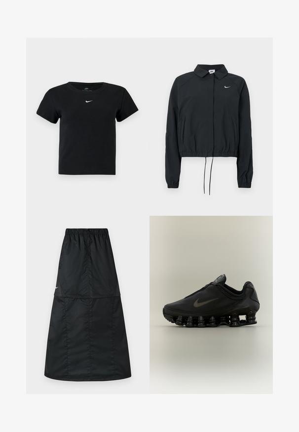 Sort Nike cropped jakke med krave, elastiske ærmekanter og snørre i kanten; logo på brystet; glat stoftekstur.; Sort ribbet t-shirt med korte ærmer, der har et lille hvidt Nike-logo på brystet og en rund halsudskæring.; Sort atletisk nederdel lavet af let, glat nylonstof. Har elastisk taljebånd og et enkelt, langt, A-formet design.; Sort Nike-sneaker med lynlåsfunktion øverst og karakteristisk fjederlignende opdelt sål, vist i sideprofil mod en neutral baggrund.