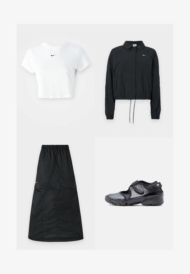 Schwarze Nike-Bauchtop mit Kragen, elastischen Bündchen und Kordelzug am Saum; mit Logo auf der Brust; glatte Stoffstruktur.; Weißes, kurz geschnittenes T-Shirt aus Baumwolle mit kurzen Ärmeln und rundem Ausschnitt, versehen mit einem schwarzen Nike-Logo auf der Brust.; Schwarzer sportlicher Rock aus leichtem, glattem Nylonstoff. Verfügt über einen elastischen Bund und ein schlichtes, langes, A-förmiges Design.; Schwarze Nike Air-Schuhe mit glänzender Oberfläche, verstellbaren Klettverschlüssen und Ausschnitt-Design an den Seiten, seitliche Ansicht auf einfarbigem Hintergrund.