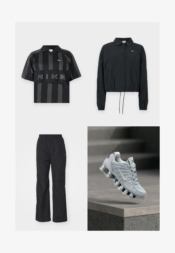 Veste courte noire Nike avec col, poignets élastiques et ourlet à cordon de serrage ; logo visible sur la poitrine ; tissu à texture lisse.; Polo Nike manches courtes à rayures verticales noires et gris foncé, col, virgule Nike blanche et grand texte NIKE sur la poitrine.; Pantalons noirs légers avec une taille élastique et un cordon de serrage. Présentent une finition texturée et un petit logo réfléchissant sur le côté.; Chaussure de course Nike gris clair avec une semelle amortissante en forme de ressort flottant au-dessus d'un rebord en béton, arrière-plan d'escalier flou.
