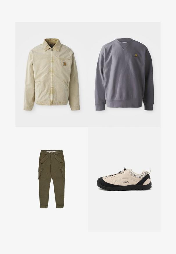 Beige jakke med lynlås foran, spidse kraver, brystlomme og to sidelommer. Lavet af et struktureret stof med en subtil glans.; Grå sweatshirt med rund halsudskæring, ribbede manchetter og kant. Har et broderet gult og rødt logo på brystet. Fremstillet af blødt stof.; Olivenfarvede cargo bukser med tapered ben, der har flere klaplommer, en knaplukning og elastiske manchetter; tekstureret bomulds materiale.; Beige ruskindsko med sort gummitåhætte og sål, med snøredesign og åndbare mesh-detaljer på hælen.