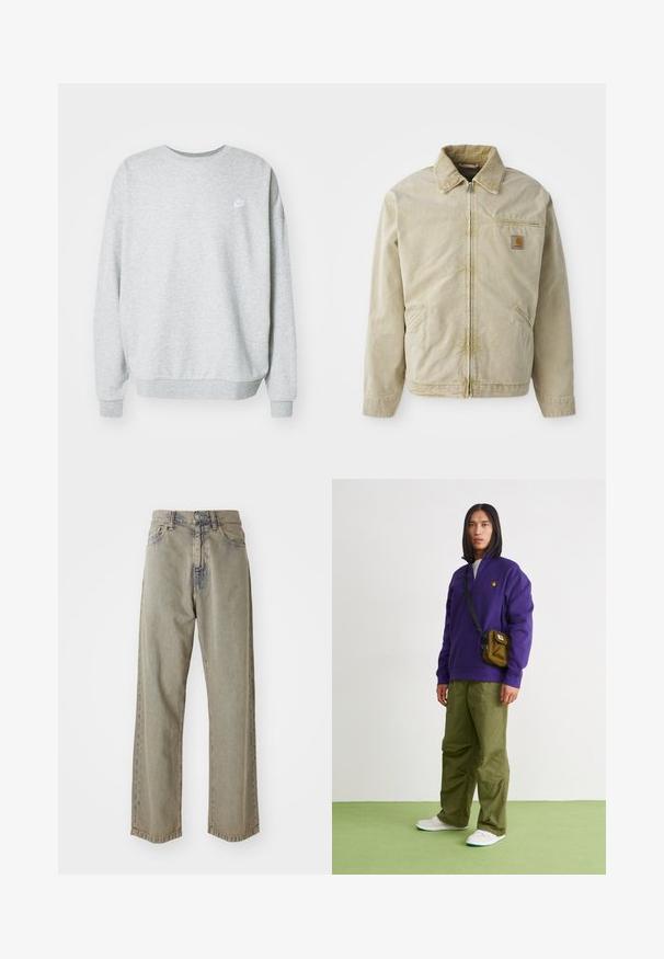 Beige jakke med lynlås foran, spidse kraver, brystlomme og to sidelommer. Lavet af et struktureret stof med en subtil glans.; Grå sweatshirt lavet af blandingsstof i bomuld, med rund halsudskæring, sænkede skuldre og et lille hvidt logo på brystet.; Lys grå brede jeans i denim, med en falmet tekstur, synlige syninger og traditionel knap- og lynlåslukning.; Jordan AIR JORDAN 1 ZM CMFT 2 - Sneakers high - summit white/bicoastal/oxidized green