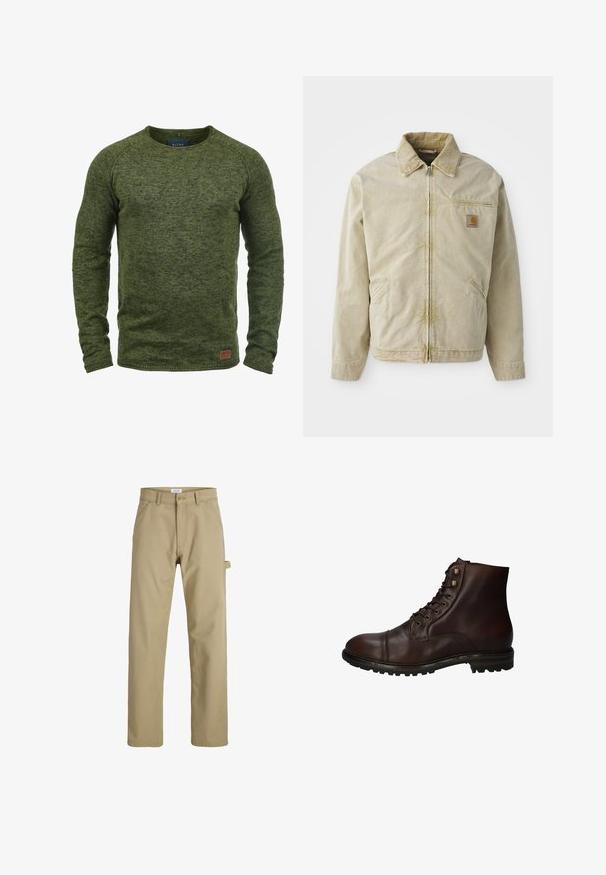 Chaqueta beige con cierre frontal, cuello puntiagudo, bolsillo en el pecho y dos bolsillos laterales. Hecha de una tela texturizada con un brillo sutil.; Suéter verde hecho de tejido de punto texturizado, con cuello redondo, mangas largas y un pequeño parche de logo marrón en la parte inferior delantera.; Pantalones kaki de corte recto con trabillas para cinturón, botón delantero, cierre de cremallera, dos bolsillos delanteros y una anilla lateral para herramientas sobre fondo blanco.; Bota de tobillo de cuero marrón oscuro con cordones, suela de goma resistente y ojales de metal, vista desde el lado exterior.