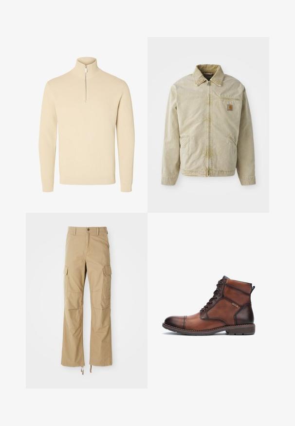 Chaqueta beige con cierre frontal, cuello puntiagudo, bolsillo en el pecho y dos bolsillos laterales. Hecha de una tela texturizada con un brillo sutil.; Jersey beige de punto con cuello alto acanalado y cremallera corta en la parte delantera, con mangas largas y puños y bajo acanalados.; Pantalones cargo caqui hechos de un tejido duradero, con múltiples bolsillos laterales, un diseño de pierna recta y cuerdas ajustables en el dobladillo.; Bota de hombre de ante y cuero marrón con cordones, detalles de costura, tacón bajo y logo de la marca en el lateral.