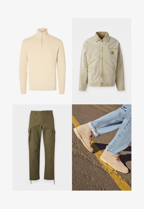 Beige jakke med lynlås foran, spidse kraver, brystlomme og to sidelommer. Lavet af et struktureret stof med en subtil glans.; Beige striktrøje med høj ribbet krave og kort foran lynlås, med lange ærmer og ribbede manchetter og kant.; Olivenfarvede cargobukser med sidelommer med klapper, frontknaplukning, bæltestropper og justerbare snore i kanten.; Beige ruskind ankelstøvler med orange snørebånd, rund tå og en let gummisål, parret med opfoldede lyseblå denimjeans.