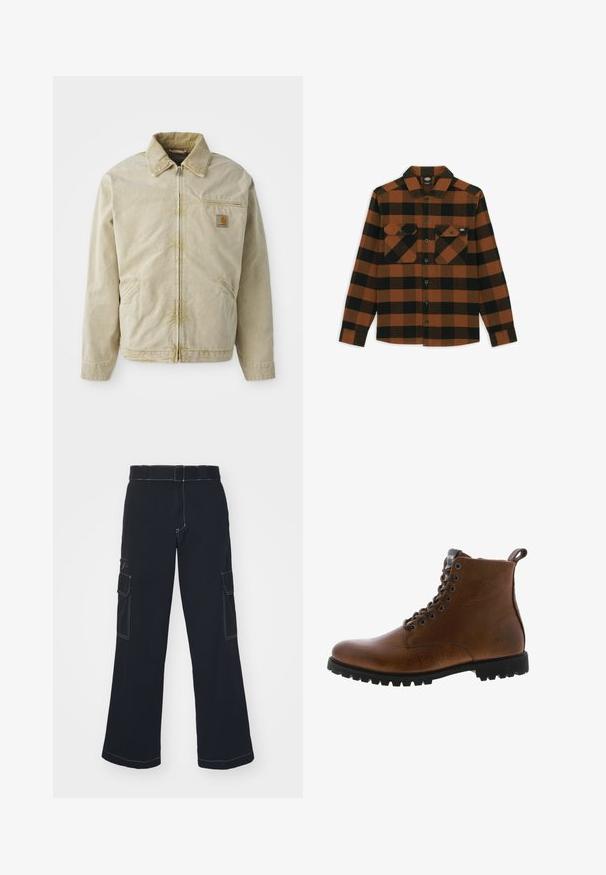 Chaqueta beige con cierre frontal, cuello puntiagudo, bolsillo en el pecho y dos bolsillos laterales. Hecha de una tela texturizada con un brillo sutil.; Camisa de manga larga en un patrón de cuadros naranja y negro, hecha de una tela texturizada. Presenta dos bolsillos en el pecho y cierre frontal con botones.; Pantalones cargo negros de pierna ancha, con dos bolsillos laterales, costuras en contraste y una cinturilla estándar. Material de algodón suave.; Botas de cuero marrón hasta el tobillo con acabado texturizado, ojales de metal y suela de goma negra con protuberancias. Presenta una lengüeta en la parte posterior para facilitar su uso.