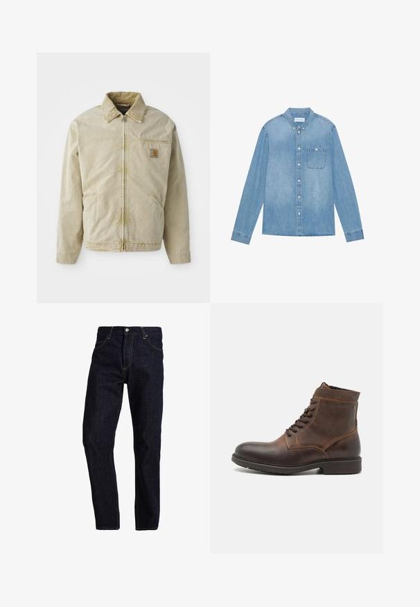Beige jakke med lynlås foran, spidse kraver, brystlomme og to sidelommer. Lavet af et struktureret stof med en subtil glans.; Lys blå denim skjorte med knapper, lange ærmer, spids krave, en enkelt brystlomme og subtil falmning på stoffet.; Mørkeblå denim jeans med lige pasform, med gul syning, fem lommer og en klassisk knap- og lynlås lukning.; Jack & Jones JFWDELANEY BOOT - Snørestøvletter - cognac
