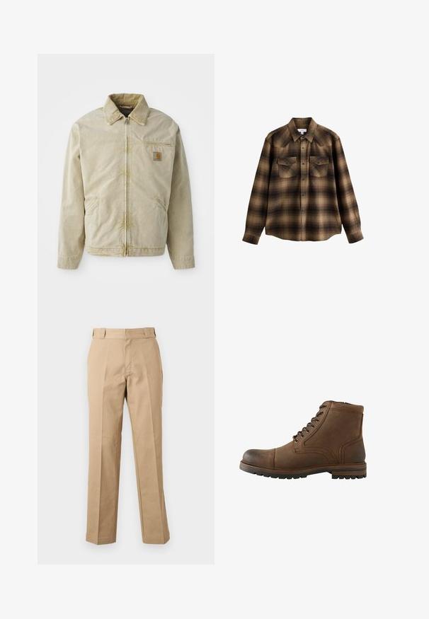 Chaqueta beige con cierre frontal, cuello puntiagudo, bolsillo en el pecho y dos bolsillos laterales. Hecha de una tela texturizada con un brillo sutil.; Camisa de cuadros marrón y negra de manga larga con cuello, botones de presión en la parte delantera y dos bolsillos en el pecho con solapas y botones.; Pantalones beige de pierna recta con trabillas, cremallera frontal y pliegues prensados, mostrados sobre un fondo blanco liso.; Bota de cuero marrón hasta el tobillo con cordones delanteros y suela rugosa, diseñada para uso casual o al aire libre.