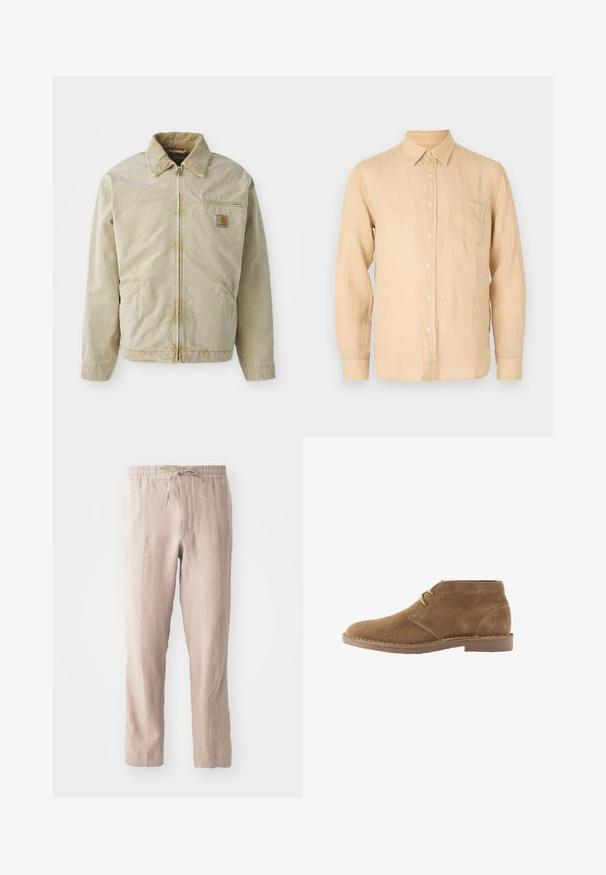 Beige jakke med lynlås foran, spidse kraver, brystlomme og to sidelommer. Lavet af et struktureret stof med en subtil glans.; Beige langærmet skjorte i linned med knapkrave, frontlomme og en glat, let struktureret overflade. Klassisk pasform og enkelt design.; Beige linnedbukser med elastisk talje og snor. Lige ben design med en blød tekstur og minimalistisk stil.; Brun ruskind ankelhøj afslappet sko med to snørehuller og syet sål på hvid baggrund, set fra siden.