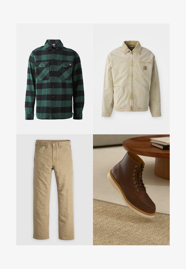 Beige jakke med lynlås foran, spidse kraver, brystlomme og to sidelommer. Lavet af et struktureret stof med en subtil glans.; Grøn- og sortternet flannel skjorte med lange ærmer, knaplukning foran, to brystlommer og en klassisk krave. Blød tekstur, alsidigt design.; Khakifarvede bomuldssbukser med lige ben, forlommer og knaplukning. Glat tekstur og forstærkede sømme for holdbarhed.; Brune læderankelstøvle med beige sål på et struktureret beige tæppe ved siden af et rundt træbord med stakke af bøger.