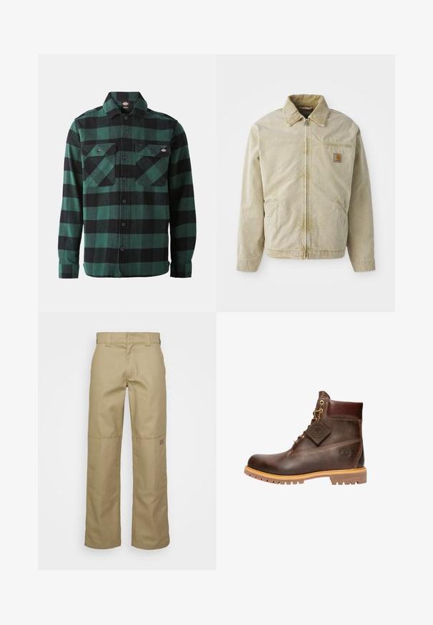 Chaqueta beige con cierre frontal, cuello puntiagudo, bolsillo en el pecho y dos bolsillos laterales. Hecha de una tela texturizada con un brillo sutil.; Camisa de franela a cuadros verdes y negros, con mangas largas, cierre de botones en la parte frontal, dos bolsillos en el pecho y cuello clásico. Textura suave, diseño versátil.; Pantalones de pierna ancha en color beige, confeccionados con una mezcla de algodón. Cuentan con parches de refuerzo en las rodillas y un pequeño parche con el logo en la parte superior de la pierna.; Botín de cuero marrón hasta el tobillo con punta redonda, suela resistente, herrajes en tono dorado y parte superior texturizada. Incluye una etiqueta con el logo adjunta.
