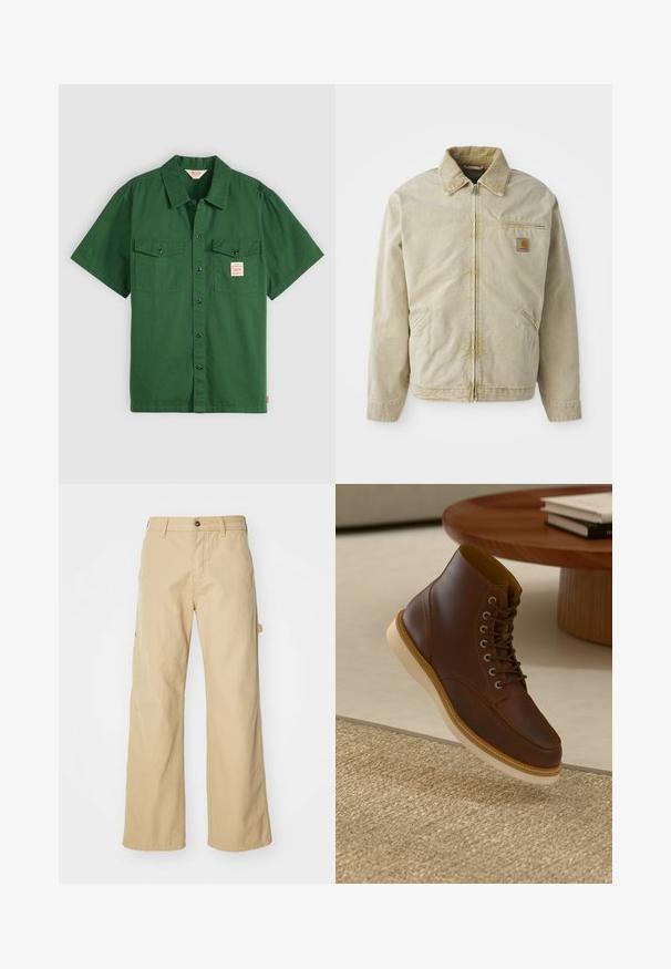 Beige jas met een rits aan de voorkant, puntige kraag, borstzak en twee zijzakken. Gemaakt van een geweven stof met een subtiele glans.; Korte mouwen groene katoenen shirt met knoopsluiting, twee borstzakken en een klein label op de linkse zak. Effen, geen patronen.; Beige wijde cargo broek met een knoopsluiting, voorzien van zijzakken, gemaakt van stevig katoen, met een soepele textuur en een recht gesneden ontwerp.; Bruine leren enkelboot met beige zool op een gestructureerd beige vloerkleed naast een ronde houten tafel met opgestapelde boeken.