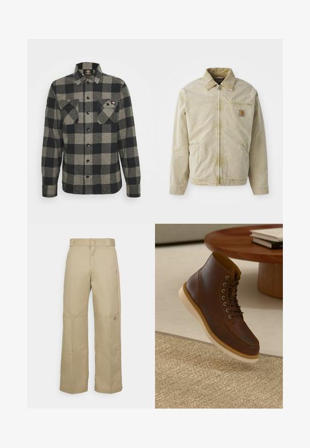 Beige Jacke mit Reißverschluss vorne, spitzem Kragen, Brusttasche und zwei Seitentaschen. Hergestellt aus einem strukturierten Stoff mit subtiler Shed.; Schwarzes und graues kariertes Flanellhemd mit langen Ärmeln, Knopfverschluss vorne, zwei Brusttaschen und einem leicht abgerundeten Saum. Strukturiert. ; Beige, weit geschnittene Hosen aus robustem Stoff, mit hoher Taille, sichtbaren Nähten und einem kleinen Logopatch an der Seite.; Braune Leder-Ankle-Boots mit beiger Sohle auf einem strukturierten beigen Teppich neben einem runden Holztisch mit gestapelten Büchern.