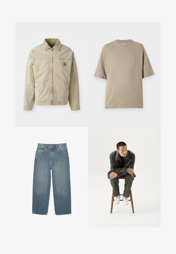 Beige jakke med lynlås foran, spidse kraver, brystlomme og to sidelommer. Lavet af et struktureret stof med en subtil glans.; Beige kortærmet t-shirt lavet af blødt bomuld, med rund halsudskæring og afslappet pasform, glat tekstur og minimal detaljer.; Blå højtaljede lige jeans med forlommer, bæltestropper, knaplukning og subtilt slid på en hvid baggrund.; Ung mand i mørk læderjakke og jeans sidder på en træskammel, læner sig fremad med armene krydset og kigger til siden mod hvid baggrund.