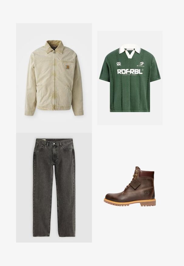 Beige Jacke mit Reißverschluss vorne, spitzem Kragen, Brusttasche und zwei Seitentaschen. Hergestellt aus einem strukturierten Stoff mit subtiler Shed.; Grünes kurzärmeliges Strick-Polohemd mit weißem Kragen, vertikalen Zopfmusterstrickmustern und fettem weißen Schriftzug "RDFRBL Redefined Rebel" auf der Vorderseite.; Schwarze, ausgeblichene gerade Jeans mit fünf Taschen, Knopfverschluss und Gürtelschlaufen, flach auf einem weißen Hintergrund ausgelegt.; Braune Leder-Ankelstiefel mit runder Zehenpartie, robuster Sohle, goldfarbener Hardware und strukturiertem Obermaterial. Enthält ein angehängtes Logo-Tag.