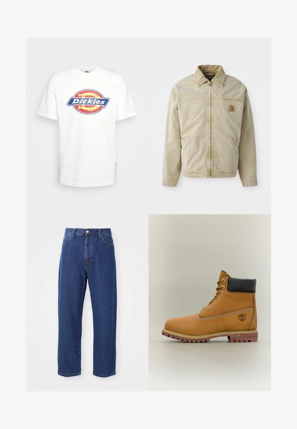 Beige jakke med lynlås foran, spidse kraver, brystlomme og to sidelommer. Lavet af et struktureret stof med en subtil glans.; Hvid bomulds t-shirt med et blåt og rødt cirkulært "Dickies" logo i midten. Korte ærmer og rund hals design.; Høj taljede blå jeans i denim, med lige ben silhuet, synlige stikninger og en frontknaplukning.; Brun læderankelstøvle med sort krave, gule snørebånd og tanfarvet sål. Har logo og hvide syninger som detalje. Robust ydersål med greb.