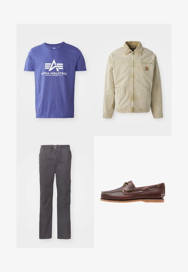 Beige Jacke mit Reißverschluss vorne, spitzem Kragen, Brusttasche und zwei Seitentaschen. Hergestellt aus einem strukturierten Stoff mit subtiler Shed.; Lila Baumwoll-T-Shirt mit kurzen Ärmeln, das ein weißes Logo mit "ALPHA INDUSTRIES" und einem geometrischen Design zeigt.; Graue, leichte Hose mit lockerer Passform, elastischem Bund mit Kordelzug, seitlichen Taschen und einer glatten, weichen Textur.; Brauner Leder-Bootsschuh mit weißen Nähten, Schnürdetails und hellbrauner Gummisohle, seitlich auf weißem Hintergrund gezeigt.