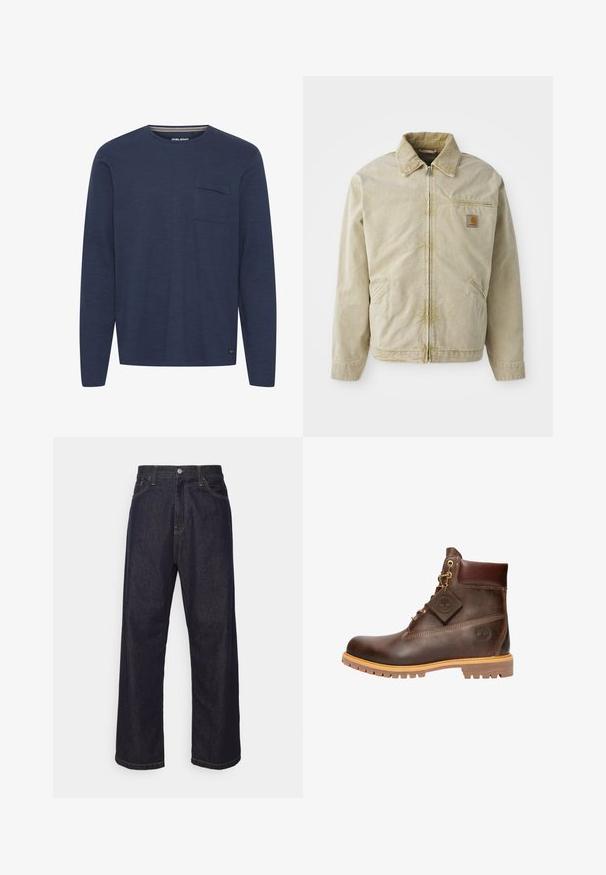Beige Jacke mit Reißverschluss vorne, spitzem Kragen, Brusttasche und zwei Seitentaschen. Hergestellt aus einem strukturierten Stoff mit subtiler Shed.; Langärmliges navyblaues Hemd aus strukturiertem Stoff, mit einer Brusttasche und einem Rundhalskragen, der innen mit einem dezenten Streifen akzentuiert ist.; Dunkelblaue Jeans im geraden Schnitt mit gelben Nähten, Knopfverschluss, Reißverschluss und Fünf-Taschen-Design.; Braune Leder-Ankelstiefel mit runder Zehenpartie, robuster Sohle, goldfarbener Hardware und strukturiertem Obermaterial. Enthält ein angehängtes Logo-Tag.