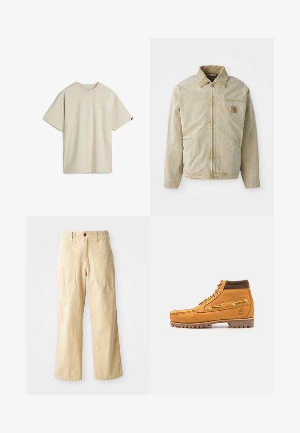 Chaqueta beige con cierre frontal, cuello puntiagudo, bolsillo en el pecho y dos bolsillos laterales. Hecha de una tela texturizada con un brillo sutil.; Camiseta de algodón beige con mangas cortas, escote redondo y un pequeño logo blanco en el pecho. Textura suave y un corte relajado.; Pantalones de pierna ancha beige de algodón. Cuentan con una cintura alta, dos bolsillos frontales de diseño plano y un cierre de un botón.; Timberland AUTHENTIC MID LACE BOOT - Botines con cordones - wheat