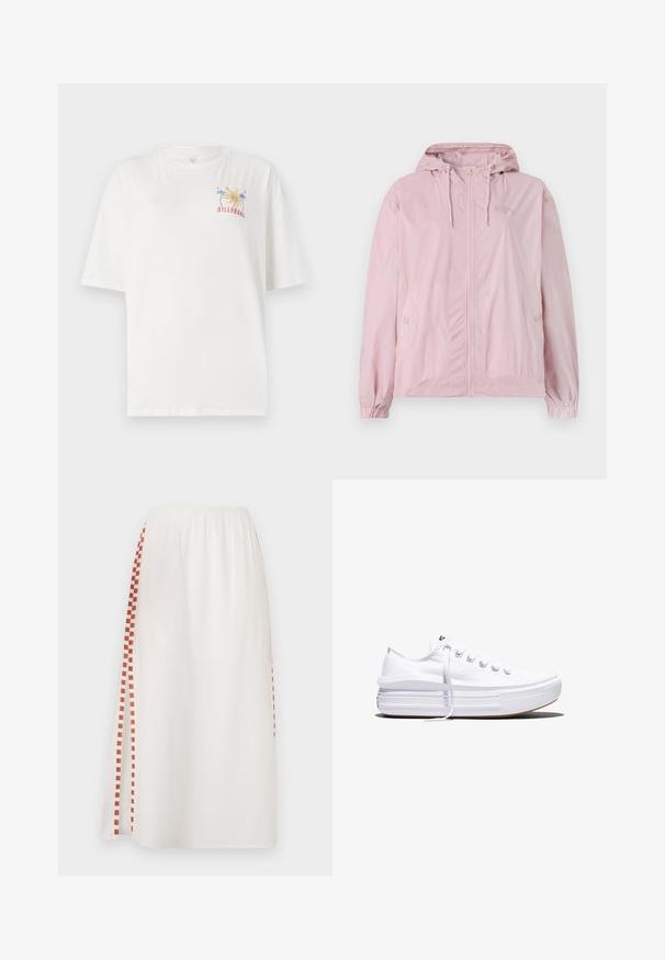 Lichtroze windbreaker jacket met een capuchon, voorzien van een ritssluiting aan de voorkant, elastische manchetten en zijzakken. Het materiaal heeft een subtiel geruit patroon.; Witte katoen T-shirt met een ontspannen pasvorm, featuring een kleurrijk Billabong-logo met palmbomen en het jaar "1973" geborduurd op de linkerborst.; Witte rok met een elastische tailleband, met een rood geruit patroon aan één kant. Lichtgewicht stof met een soepele textuur.; Witte lage canvas sneaker met dikke plateauzool, veters aan de voorkant en rubberen toeskap met structuur, zijaanzicht.