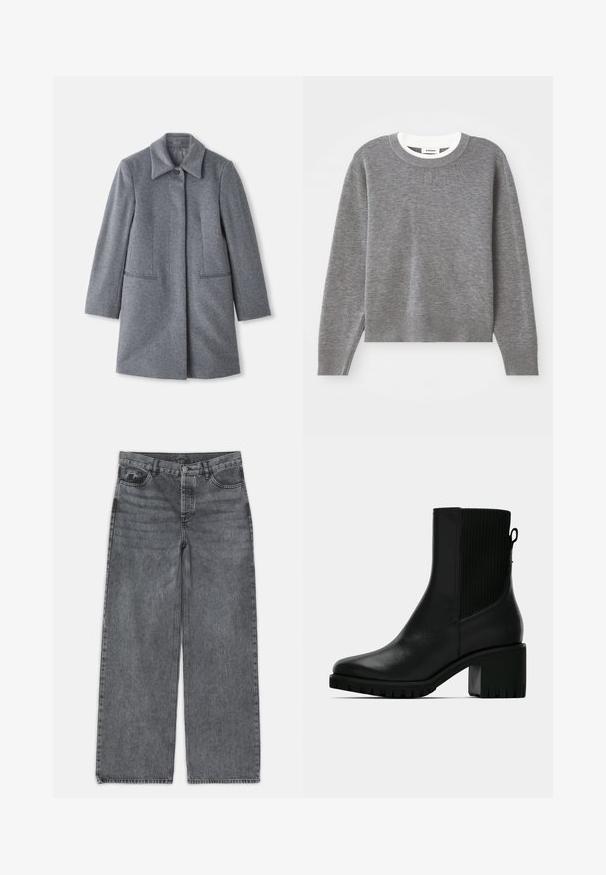 Abrigo de lana gris de longitud media con un amplio cuello, un solo botón visible y dos bolsillos frontales horizontales, exhibido sobre un fondo blanco.; Suéter gris de manga larga, con cuello redondo y puños y dobladillo de canalé. Presenta un tejido texturizado y un pequeño logo en el pecho.; Jeans de pierna ancha en denim gris oscuro. Presentan una cintura alta, diseño de cinco bolsillos y cierre delantero de botón. Textura suave con un sutil desgastado.; Bota de tobillo de cuero negro con panel lateral elástico acanalado, tacón grueso y suela texturizada para mayor tracción. Acabado liso con hardware mínimo.