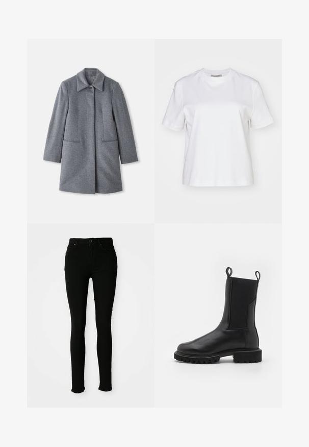 Grå uld midt-længde frakke med en bred krave, en synlig knap og to vandret frontlommer, præsenteret på en hvid baggrund.; AllSaints LISA TEE - T-shirts basic - white; Sorte skinny jeans lavet af denim med en glat tekstur, der har knaplukning, bæltestropper og ingen synlige slidtegn.; AllSaints HALLIE - Plateaustøvletter - black