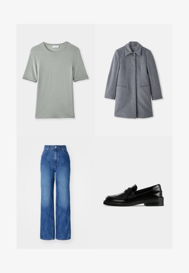 Grau wollener Mantel in mittellanger Form mit breitem Kragen, einem sichtbaren Knopf und zwei horizontalen vorderen Taschen, präsentiert auf einem weißen Hintergrund.; Kurzärmliges T-Shirt mit Rundhalsausschnitt in Hellgrau, aus weichem Stoff mit glatter Textur und dezentem Nähten an ärmeln und Kragen.; Blaue Denim-Breitbeinformjeans mit vertikalen weißen Streifen, hoher Taille und Fünf-Taschen-Design, ausgestattet mit einem Knopf- und Reißverschluss.; Schwarzer, polierter Lederloafer mit niedrigem Blockabsatz, Mokassinnaht und dekorativem Riemen über dem Spann.