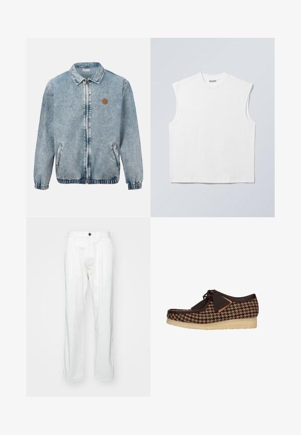 Veste en denim bleu clair avec fermeture éclair frontale, deux poches latérales, poignets et ourlet élastiques, et un petit logo rond marron sur la poitrine gauche.; Haut blanc sans manches en coton à col rond avec épaules structurées, marqué "WEEKDAY" sur l'étiquette du col, présenté sur un fond gris clair.; Pantalons en coton blanc avec une coupe décontractée, dotés d'une fermeture à bouton, de deux plis à l'avant et de poches latérales. Texture lisse, sans motifs.; Chaussure en textile marron avec un motif pied-de-poule, des détails en cuir et un laçage. Semelle épaisse et texturée offrant soutien et stabilité.