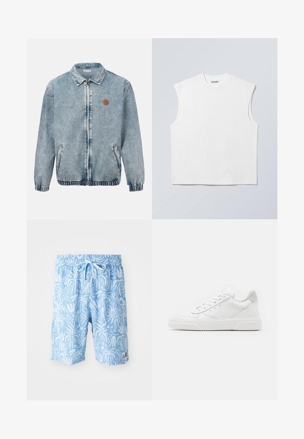 Veste en denim bleu clair avec fermeture éclair frontale, deux poches latérales, poignets et ourlet élastiques, et un petit logo rond marron sur la poitrine gauche.; Haut blanc sans manches en coton à col rond avec épaules structurées, marqué "WEEKDAY" sur l'étiquette du col, présenté sur un fond gris clair.; Shorts de bain bleu clair avec un motif abstrait blanc, taille élastique et cordon de serrage. Logo sur le devant à gauche et fentes sur les côtés à l'ourlet.; Des baskets en cuir blanc avec une finition lisse, un bout rond, des lacets plats et une semelle texturée. Accents en daim gris au niveau du talon.