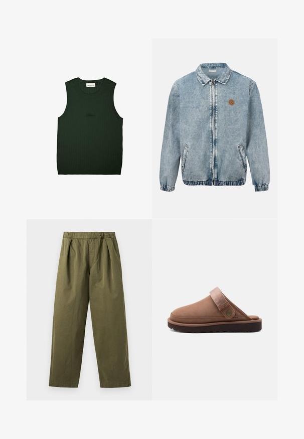 Hellblaue Jeansjacke mit Frontreißverschluss, zwei Seitentaschen, elastischen Bündchen und Saum sowie einem kleinen, runden braunen Logo auf der linken Brust.; Grünes geripptes Tanktop mit rundem Halsauschnitt und ohne Ärmel. Mit dezentem Branding in Schwarz in der Mitte. Weiche Textur.; Olivgrüne Weite-Hosen mit elastischem Bund und vorderen Falten, vor hellem Hintergrund gezeigt.; Brauner Slip-on-Clog mit verstellbarem Stoffriemen und Metallknopf, mit einer dicken schwarzen robusten Sohle für den Außenbereich.