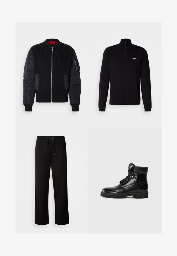 Schwarze Bomberjacke mit geripptem Strickkörper und glatten Nylonärmeln, Reißverschluss vorne und Seitentaschen. Figurbetonter Schnitt mit umgeschlagenen Saumen.; Schwarzer Langarm-Pullover mit halbem Reißverschluss am Kragen, mit Rippstruktur und weißem "BOSS"-Logo auf der Brust. Weiche Stoffverarbeitung.; Schwarze, lockere Sweatpants aus weichem Stoff, mit einem elastischen Bund und Zugband sowie seitlichen Taschen.; Schwarze Lederstiefelette mit glänzender Oberfläche, Schnürdesign, gepolstertem Kragen und einer robusten Gummisohle mit Traktionsnoppen.