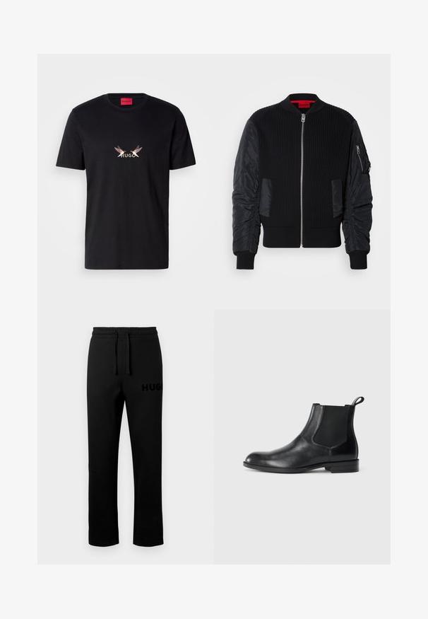 Chaqueta bomber negra con cuerpo de punto acanalado y mangas lisas de nailon, cremallera frontal y bolsillos laterales. Corte entallado con bajos con puños.; Camiseta de algodón negra con un gráfico frontal que presenta la palabra "HUGO" y dos diseños estilizados de aves en colores claros y oscuros.; Pantalones deportivos negros con cintura elástica, cordón ajustable y pequeño logo "HUGO" en relieve en el lado izquierdo. Textura suave, corte recto.; Botín negro de cuero hasta el tobillo con paneles elásticos a los lados, punta redondeada y lengüeta. Textura suave, suela plana, diseño minimalista.