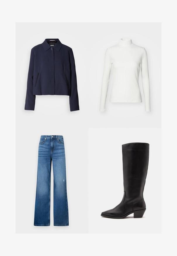 Marineblaues cropped Jacket mit spitzem Kragen, vorderem Knopfverschluss, seitlichen Taschen und glatter Stoffoberfläche. Logo innen sichtbar.; Weißes geripptes Turtleneck-Oberteil mit langen Ärmeln, aus elastischem Stoff. Verfügt über ein enganliegendes Design und einen hohen Kragen für zusätzlichen Schutz.; Weite blaue Denim-Jeans mit einem leichten Verblassen, ausgestattet mit fünf Taschen und einem Standardbund mit Knopfverschluss. Sanfte Textur.; Schwarzer Lederstiefel bis zur Wade mit spitzer Spitze und niedrigem schrägem Absatz vor einfachem hellem Hintergrund.