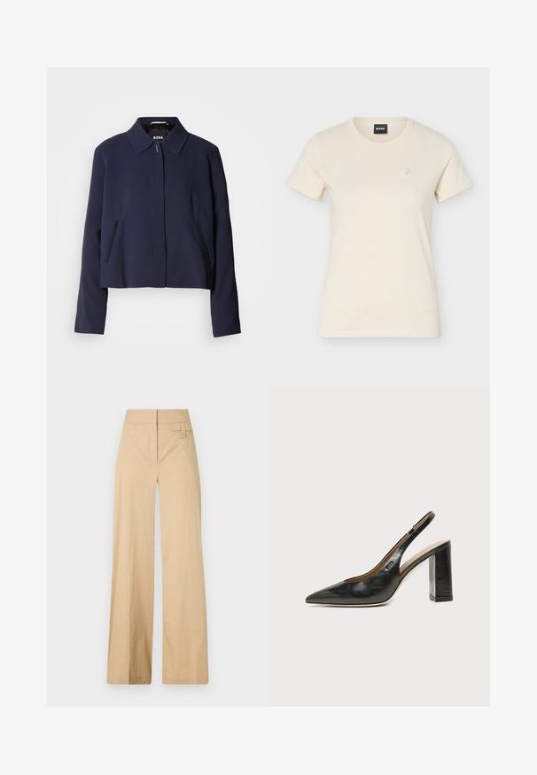 Marineblaues cropped Jacket mit spitzem Kragen, vorderem Knopfverschluss, seitlichen Taschen und glatter Stoffoberfläche. Logo innen sichtbar.; Kurzärmliges T-Shirt in Cremefarbe mit Rundhalsausschnitt, kleinem gesticktem Logo auf der linken Brust und schwarzem "BOSS"-Label im Krageninneren.; Beige weite Hosen aus Baumwollmischgewebe. Sie haben eine glatte Textur, einen elastischen Bund und eine seitliche Knopfdetail.; Schwarzer Leder-Slingback-Schuh mit spitzer Kappe, hohem Blockabsatz und beigegefüttertem Innenraum vor hellem, einfarbigem Hintergrund.