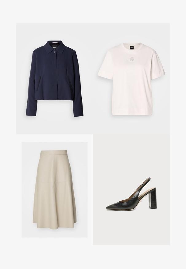 Navyblauwe cropped jas met een puntige kraag, een sluiting met knopen aan de voorkant, zijzakken en een gladde stofafwerking. Logo zichtbaar aan de binnenkant.; Witte katoenen T-shirt met een ronde halslijn, korte mouwen en een subtiele logodetail in het midden met kleine metalen studs.; Beige A-lijn midi-rok met zichtbare naaddetails en een aansluitende tailleband, gemaakt van glad leerachtig materiaal.; Zwarte leren slingback schoen met spits toelopend neusje, hoge blokhak en beige binnenvoering tegen een effen lichte achtergrond.