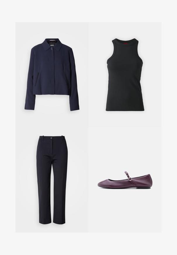Marineblaues cropped Jacket mit spitzem Kragen, vorderem Knopfverschluss, seitlichen Taschen und glatter Stoffoberfläche. Logo innen sichtbar.; Schwarzes ärmelloses Top aus dehnbarem Material. Mit Rundhalsausschnitt und taillierter Silhouette sowie minimalistischen Nähdetails.; Marineblaue Hose mit geradem Schnitt, aus glattem Stoff gefertigt. Sie verfügt über Fronttaschen und einen Knopfverschluss an der Taille.; Mary Jane flache Schuhe aus burgunderfarbenem Leder mit abgerundetem Zehenbereich, doppeltem Schnallenriemen und einem kleinen, eingeprägten Logo an der Ferse.