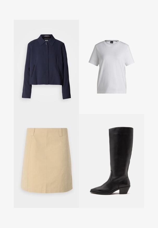 Veste courte bleu marine avec un col pointu, fermeture à boutons sur le devant, poches latérales et une finition en tissu lisse. Logo affiché à l'intérieur.; T-shirt en coton blanc avec un col rond, des manches courtes et une coupe décontractée. Il présente une petite étiquette de marque près du col.; Jupe en coton beige avec une coupe droite, dotée de plis sur le devant, de poches latérales et de détails cousus le long des coutures.; Botte en cuir noire mi-mollet avec un bout pointu et un talon bas incliné sur un fond clair uni.