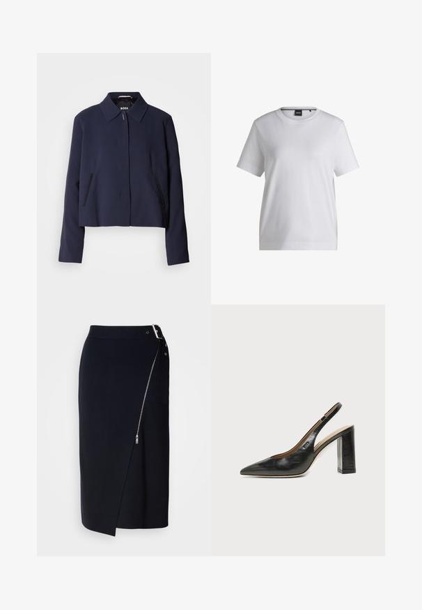 Veste courte bleu marine avec un col pointu, fermeture à boutons sur le devant, poches latérales et une finition en tissu lisse. Logo affiché à l'intérieur.; T-shirt en coton blanc avec un col rond, des manches courtes et une coupe décontractée. Il présente une petite étiquette de marque près du col.; Jupe crayon marine en tissu extensible, dotée d'une fermeture éclair sur le côté, d'un ourlet asymétrique et d'une silhouette élégante.; Chaussure slingback en cuir noir à bout pointu avec un talon bloc haut et une doublure intérieure beige sur un fond clair uni.