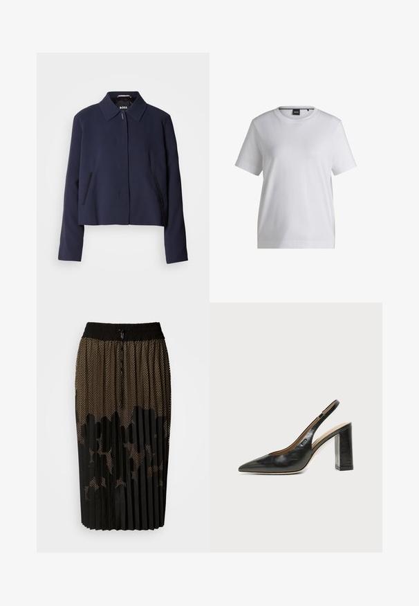 Veste courte bleu marine avec un col pointu, fermeture à boutons sur le devant, poches latérales et une finition en tissu lisse. Logo affiché à l'intérieur.; T-shirt en coton blanc avec un col rond, des manches courtes et une coupe décontractée. Il présente une petite étiquette de marque près du col.; Jupe plissée noire avec une superposition en maille ornée d'un motif à pois, taille élastique avec cordon de serrage et coupe mi-longue.; Chaussure slingback en cuir noir à bout pointu avec un talon bloc haut et une doublure intérieure beige sur un fond clair uni.