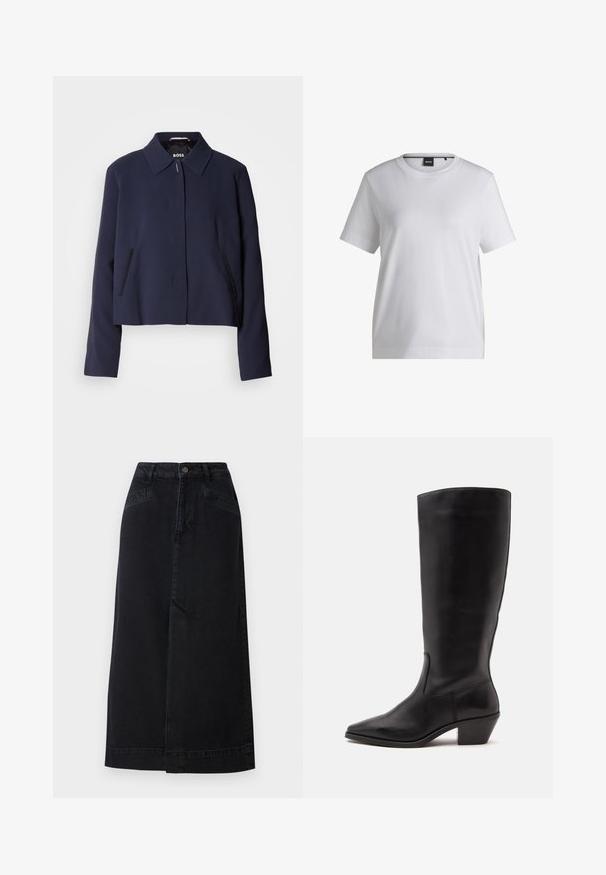 Marineblaues cropped Jacket mit spitzem Kragen, vorderem Knopfverschluss, seitlichen Taschen und glatter Stoffoberfläche. Logo innen sichtbar.; Weißes Baumwoll-T-Shirt mit rundem Halsausschnitt, kurzen Ärmeln und bequemer Passform. Mit einem kleinen Markenschild nahe dem Kragen.; Schwarzer Denim-Midikleid mit gerader Form, Druckknopfverschluss vorne und seitlichen Taschen mit dezenten Nähte.; Schwarzer Lederstiefel bis zur Wade mit spitzer Spitze und niedrigem schrägem Absatz vor einfachem hellem Hintergrund.