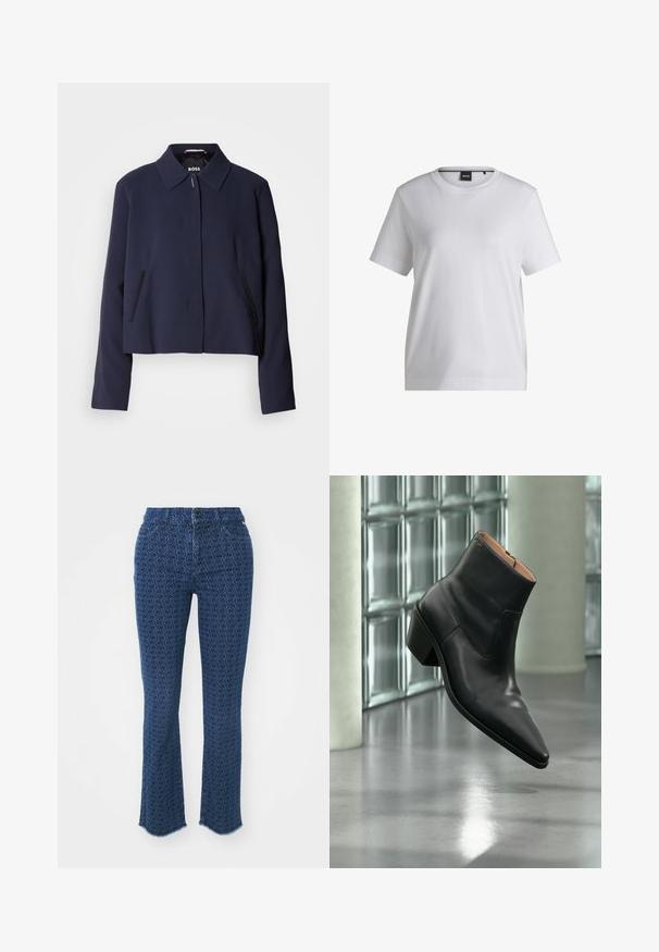 Marineblå cropped jakke med spidse kraver, frontlukning med knapper, sidelommer og en glat stoffinish. Logo vist indeni.; Hvid bomulds t-shirt med rund halsudskæring, korte ærmer og en afslappet pasform. Har et lille mærke nær kraven.; Mørkeblå jeans med et gentaget cirkulært mønster, lige benudskæring, flossede kanter og traditionelt fem-lomme-design, med en frontknaplukning.; Sort læderankelstøvle med spids tå og blokhæl, der svæver over en reflekterende grå gulv nær en væg af glasblokke.