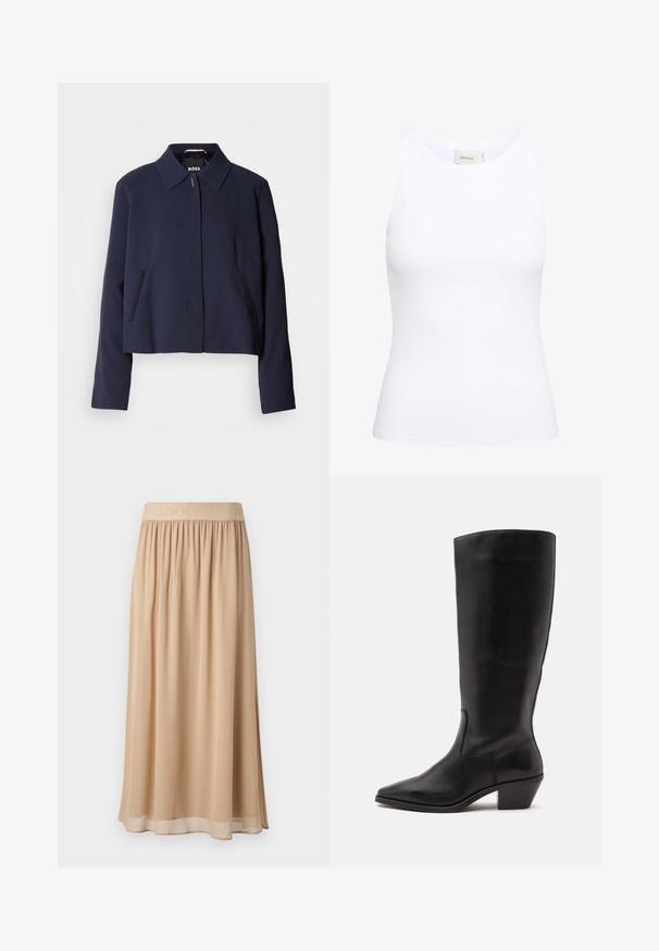 Navyblauwe cropped jas met een puntige kraag, een sluiting met knopen aan de voorkant, zijzakken en een gladde stofafwerking. Logo zichtbaar aan de binnenkant.; Witte geribde tanktop met een ronde halslijn en zonder mouwen. Rekbaar materiaal en een aansluitend ontwerp. Het label op de achterkant zegt "GESTUZ."; Beige midi-rok met een brede elastische tailleband waarop de merknaam staat. Zacht, vloeiend materiaal met een gladde textuur en een eenvoudig ontwerp.; Zwarte leren laars tot half op de kuit met een puntige neus en een lage schuine hak op een effen lichte achtergrond.