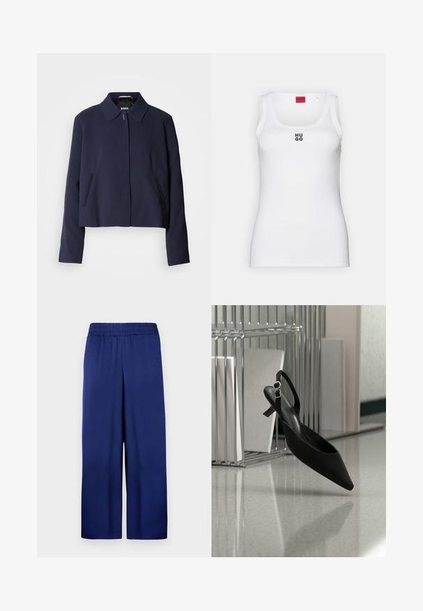 Marineblaues cropped Jacket mit spitzem Kragen, vorderem Knopfverschluss, seitlichen Taschen und glatter Stoffoberfläche. Logo innen sichtbar.; Weißes Tanktop aus Baumwolle, mit einem schlichten Design, runder Ausschnitt und schwarzem "HUGO"-Logo in der Mitte. Glatte Textur.; Marineblaue weite Hose mit elastischem Bund, aus glattem Stoff gefertigt, mit einem schlichten und funktionalen Design ohne sichtbare Muster.; Schwarzer Slingback-Pumps mit spitz zulaufender Kappe und kleinem Absatz, schwebend nahe eines Metall-Ordners auf einem reflektierenden Boden.