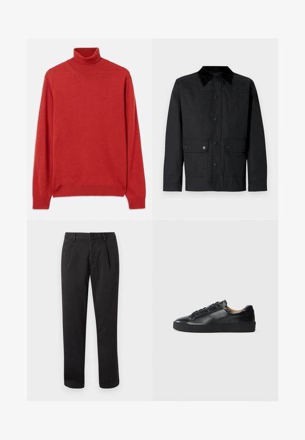Sort jakke med krave af fløjl, front med trykknapper, to klaplommer og et enkelt design. Materialet ser glat og holdbart ud.; Rød strikket turtleneck sweater med lange ærmer, ribbet krave og manchetter. Har et diskret logo på brystet. Glat overflade.; Sorte bomuldsbukser med flad front, lige ben og knaplukning. Har sidelommer og synlige sømdetaljer.; Sorte lædersneakers med en glat overflade, rund tå og snørebåndslukning. Har en tyk gummisål og minimal branddetalje.