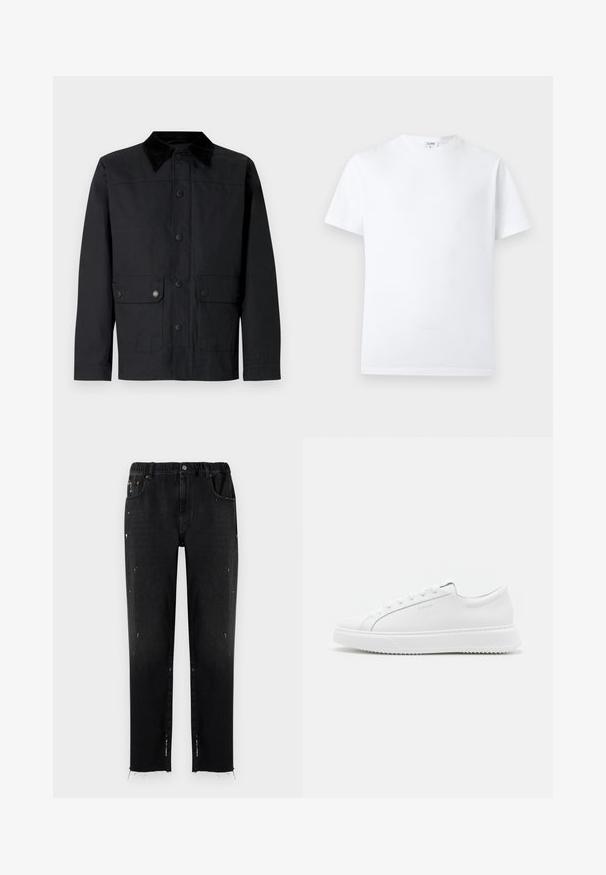 Schwarze Jacke mit Cordkragen, vorne Druckknöpfen, zwei Pattentaschen und schlichtem Design. Das Material wirkt glatt und robust.; Schlichtes weißes T-Shirt mit kurzen Ärmeln und Rundhalsausschnitt, mit einem kleinen Innenetikett am Nackensaum, vor neutralem Hintergrund dargestellt.; Schwarze Jeans aus Denim mit elastischem Bund, geradem Schnitt, abgetragenen Details und fransigem Saum. Mit Taschen und Knopfverschluss.; Weiße Sneakers aus glattem synthetischem Material. Sie verfügen über ein niedriges Design, eine erhöhte weiße Sohle, eine abgerundete Zehenpartie und eine Schnürung mit fünf Ösen.