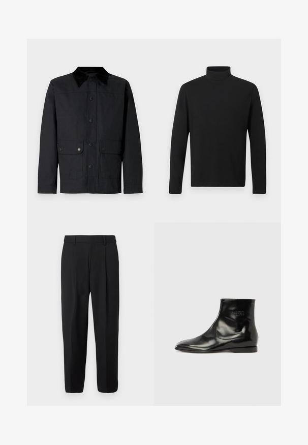Veste noire avec un col en velours côtelé, boutons-pression à l'avant, deux poches à rabat et un design simple. Le matériau semble lisse et durable.; Chandail à col roulé noir en tissu lisse. Doté de manches longues et d'un col haut. Design simple sans motifs ni accents supplémentaires.; Pantalon noir à jambe droite, confectionné en tissu tissé, avec devant plat, passants pour ceinture et deux poches latérales.; Bottine noire à la cheville avec une finition en cuir lisse et brillante. Bout pointu, talon bas empilé, design minimaliste et détail de logo embossé sur le côté.